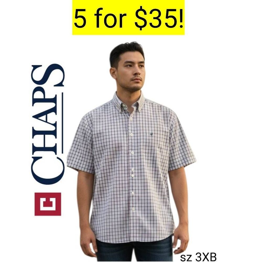 Chaps Blue Checked Short Sleeve Button Down Business Casual Preppy Shirts SALE!